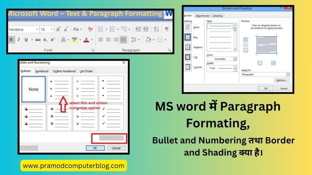 MS word में Paragraph Formating,Bullet and Numbering तथा Border and Shading क्या है।