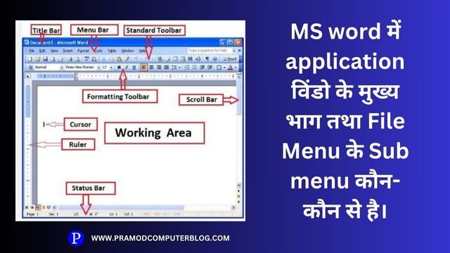 MS word में application विंडो के मुख्य भाग तथा File Menu के Sub menu कौन-कौन से है।